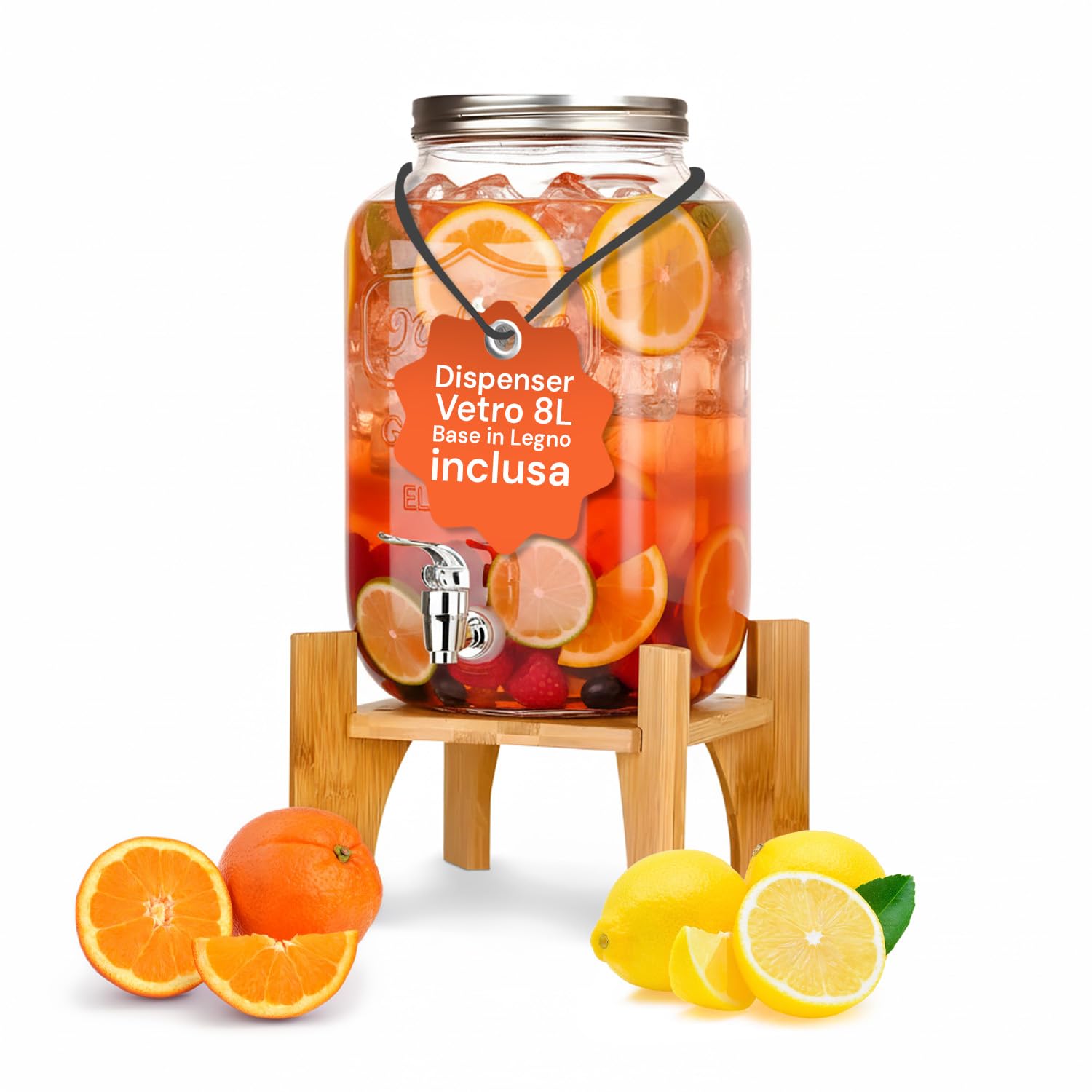 Avilia - Dispensador de bebidas de cristal de 8 litros con grifo de aluminio, dispensador para agua y zumos con base de madera elevada, uso doméstico y eventos elegantes