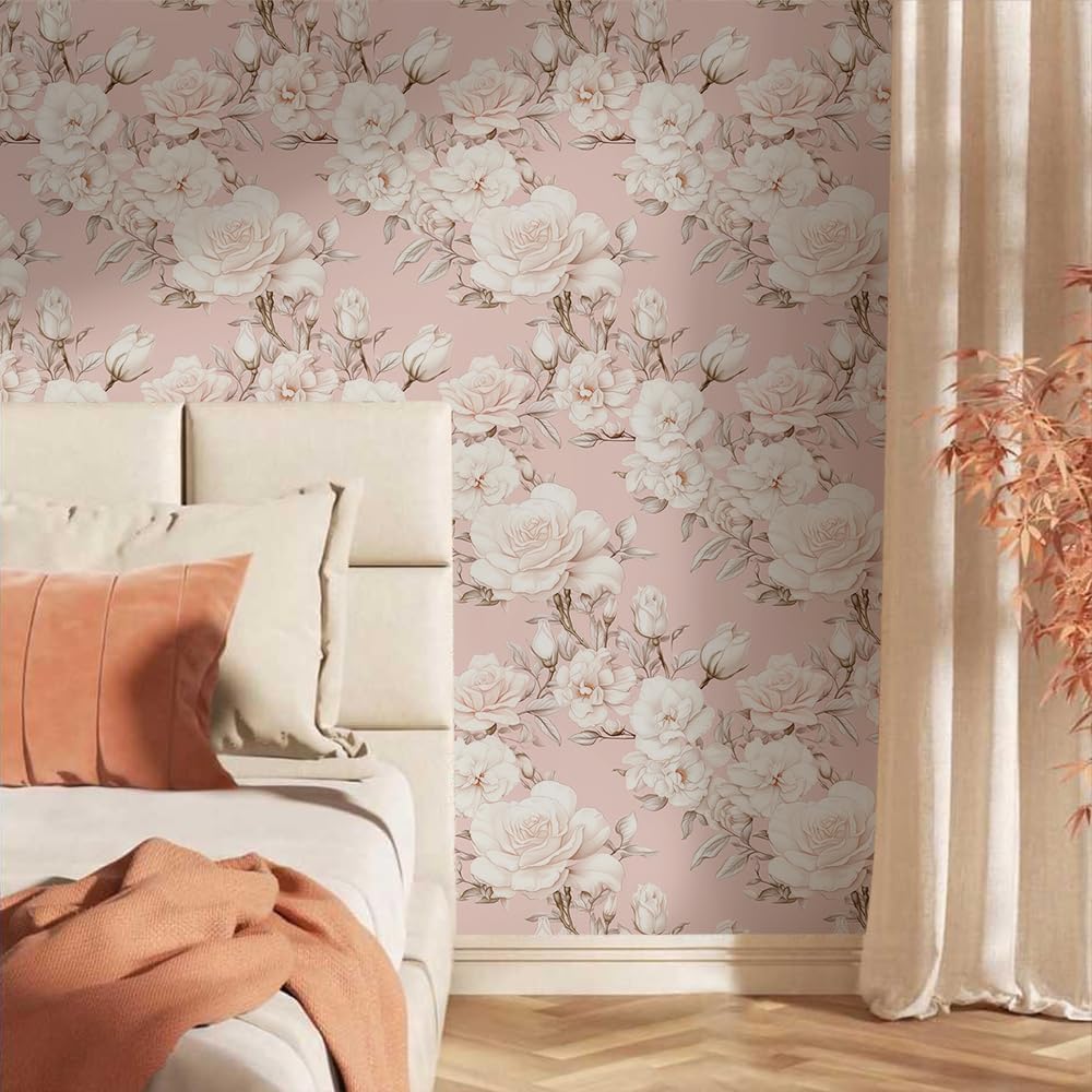 18"x236" Romantic Pink White Rose Flower Modern Peel and Stick Self Adhesive Wallpaper Removable Contact Paper Stick on Easy Peel Off Wall Paper for Kitchen Bedroom Bathroom