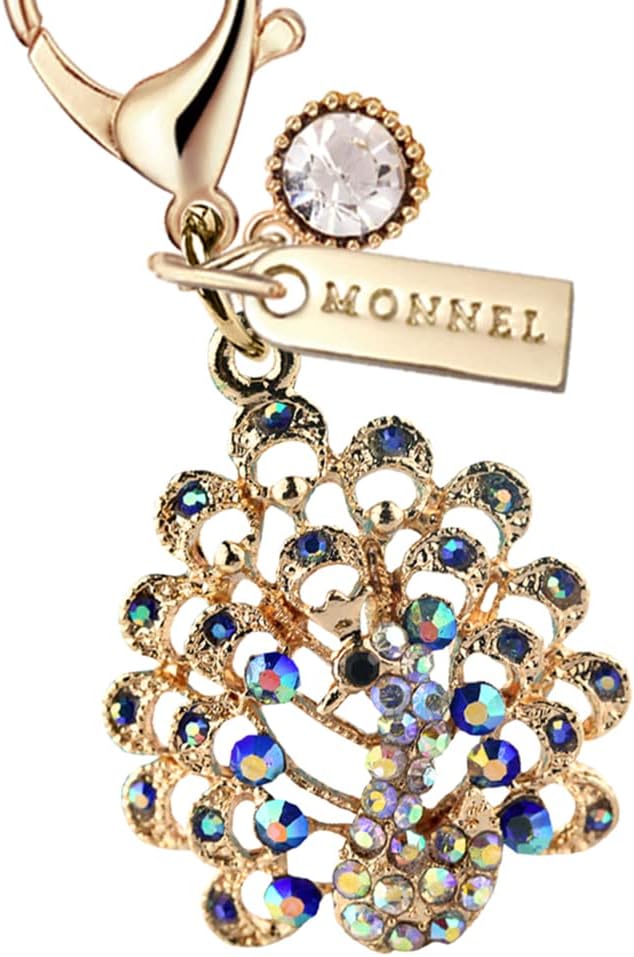 MC314 Crystal Peacock Lobster Clasp Charm for Women with Velvet Bag (Blue,1 Piece) - Image 2