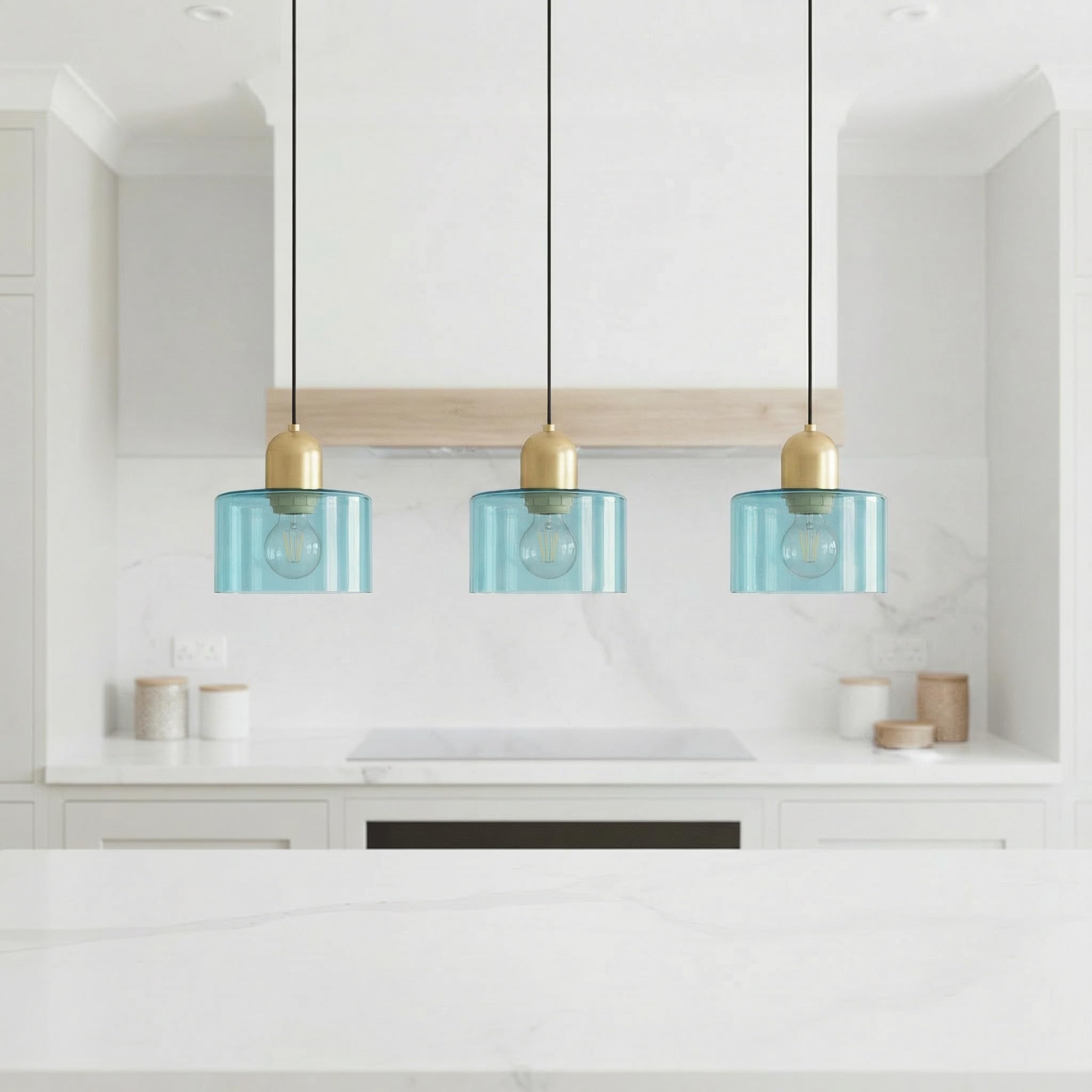 Mini Lampadario in Vetro, Lampada a Sospensione Moderna Retro E27 in Metallo Oro per Sala da Pranzo,Soggiorno,Cucina e Camera da Letto (Blu)
