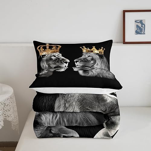 Miniatura 5 de Juego de edredón de animales de león salvaje, tamaño King, edredón dorado de corona King y Queen para decoración de dormitorio, juego de edredón de