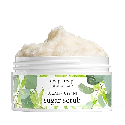 Deep Steep Exfoliante de azúcar, menta de eucalipto, 8 onzas, exfoliante corporal con aceite de coco orgánico, manteca de karité y aceite de argán,