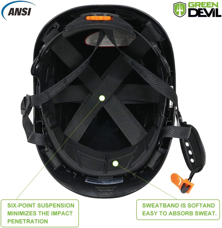 GREEN DEVIL Safety Helmet Hard Hat Adjustable Lightweight Vented ABS Work Helmet 6-Point Suspension ANSI Z89.1 Approved Ideal for Industrial & Construction