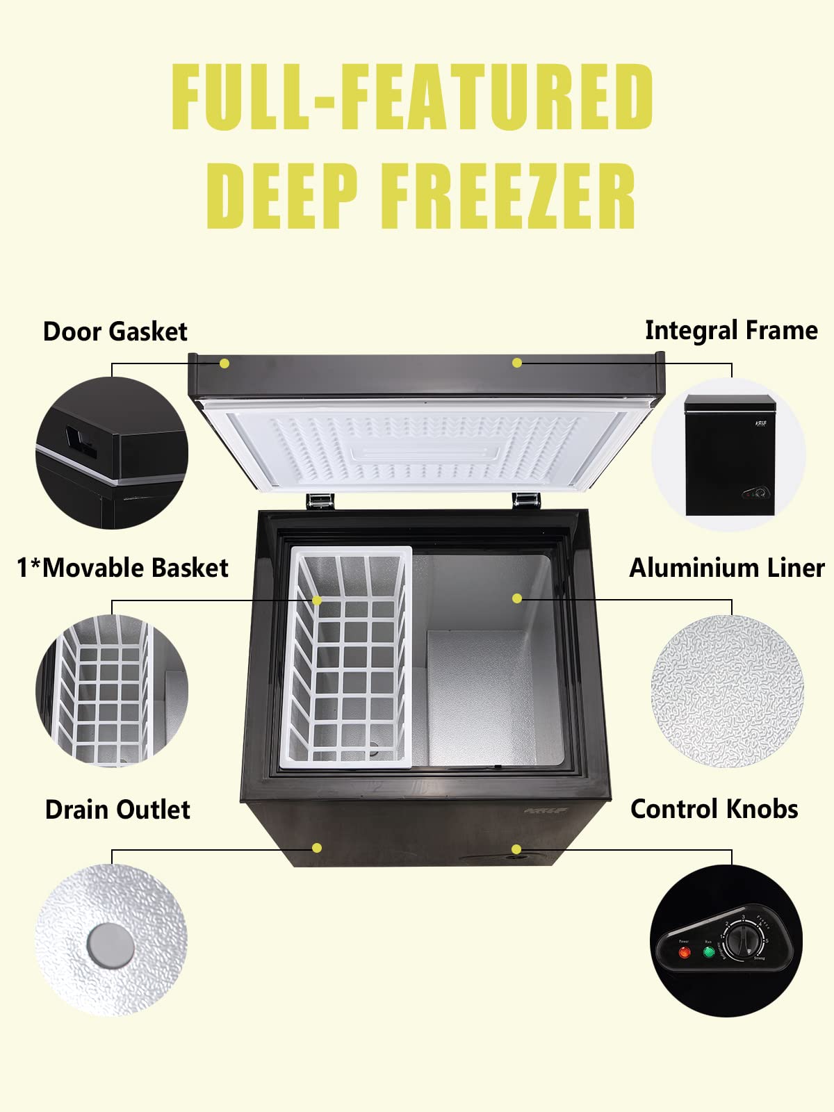 Krib Bling 3.5 Cu.Ft Freestanding Chest Freezer with a Removable Basket, 7 Gears Temperature Control (-18F to -46F), Deep Freezer for House, Garage, Kitchen, Basement, Shop, Black on Fridge.com