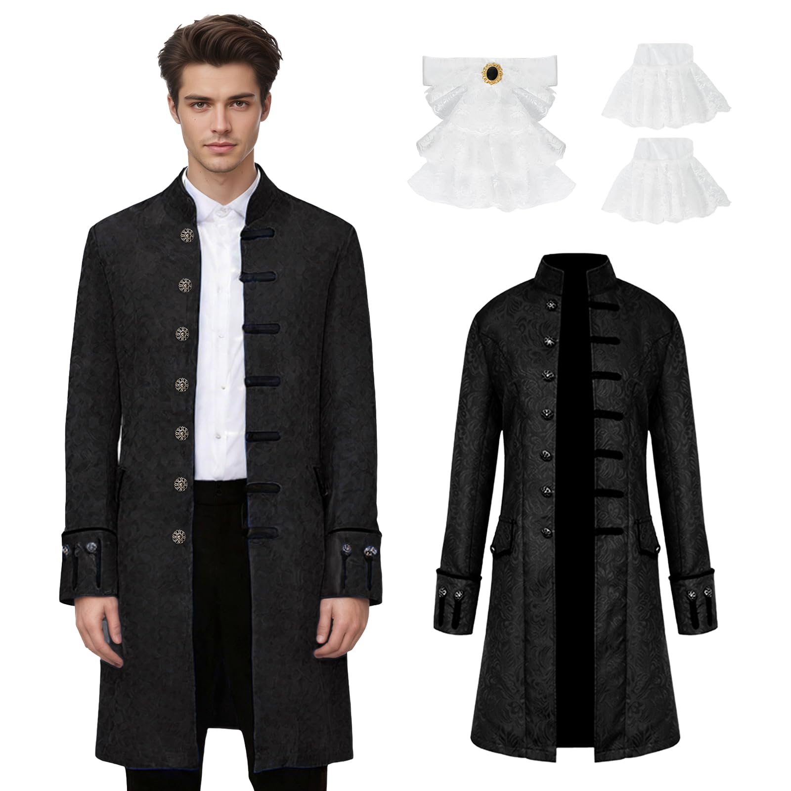 rumnigh Medieval Clothing Men's Steampunk Tailcoat Vintage Victorian Gothic Tailcoat Renaissance Retro Uniform Medieval Jacket Halloween Cosplay Costume (Black, M)