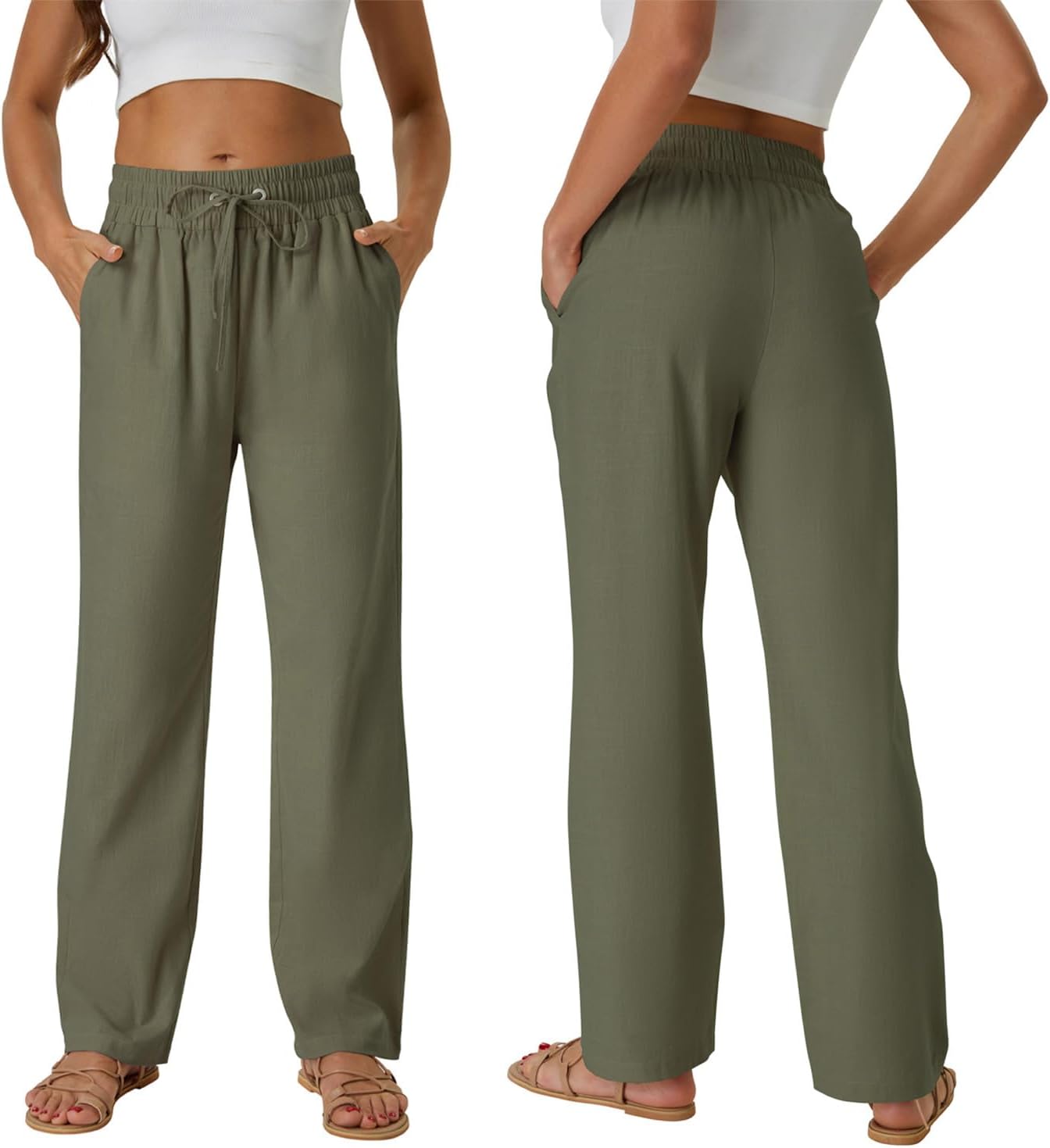 SEMARO Womens Casual Linen High Waist Pants Drawstring Loose Fit Summer Pants Trousers with Side Pockets - Image 5