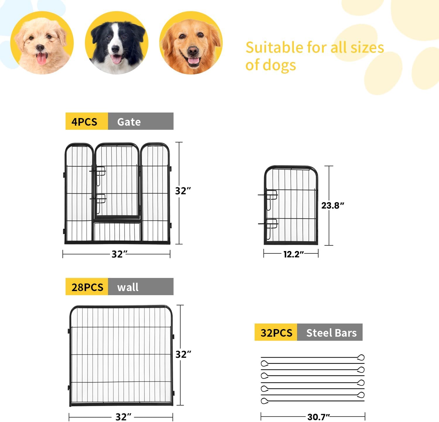 FDW Dog Playpen Dog Pen Dog Kennel 32 Panels 32 Inch Height Indoor Outdoor Folding Metal Portable Puppy Exercise Pen Heavy Duty Dog Fence for Yard Camping,Black