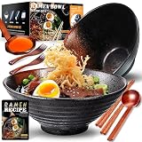 8 Zoll Keramik Große Ramen Schüssel 2 Set(9-Teilig) - Spülmaschinenfest Japanisches Porzellan Geschirr mit Gabel Essstäbchen Löffel und Rezepte für Nudeln Suppen Getreide Geschenke für neuen Häusern