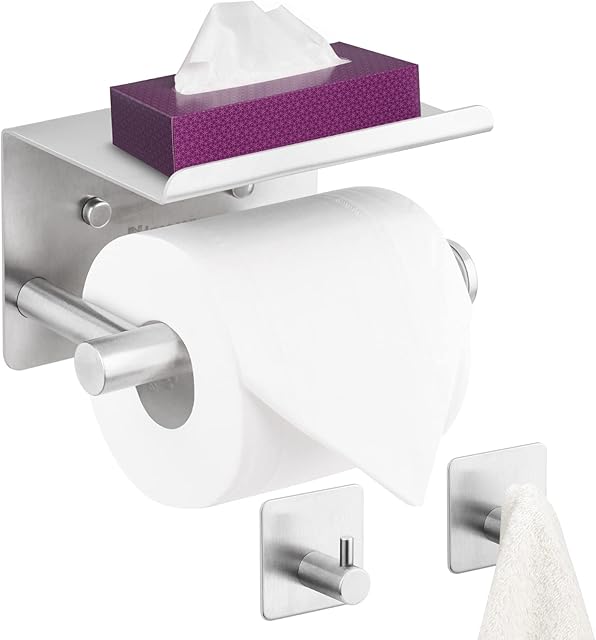 Nineaccy Chrome Toilet Roll Holder with Shelf, Toilet Roll Holder Self Adhesive with 2 Towel Hooks, Toilet Roll Holder Wall Mounted for Kitchen & Bathroom, No Drilling Required, Strong Stickiness
