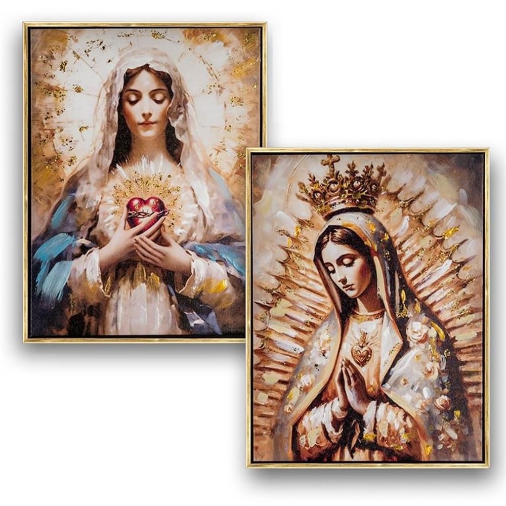 Tableaux Sacré Cœur de Marie lot de 2 pour embellir un mur vide avec un cadre doré
