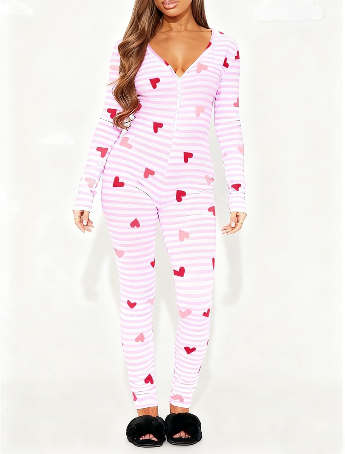 Women Heart Print Pajamas Jumpsuit Deep V-Neck Butt Flap Rompers One Piece Sleepwear Clubwear Nightwear - Image 3