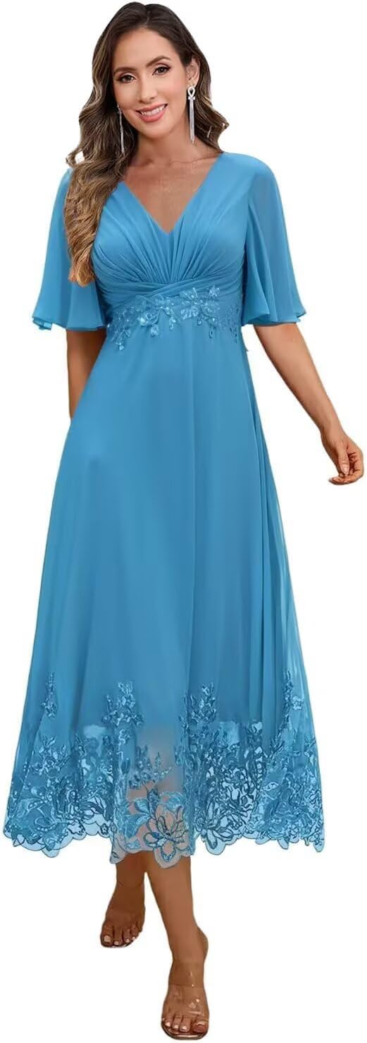 Tea length V neck mother of the bride dresses