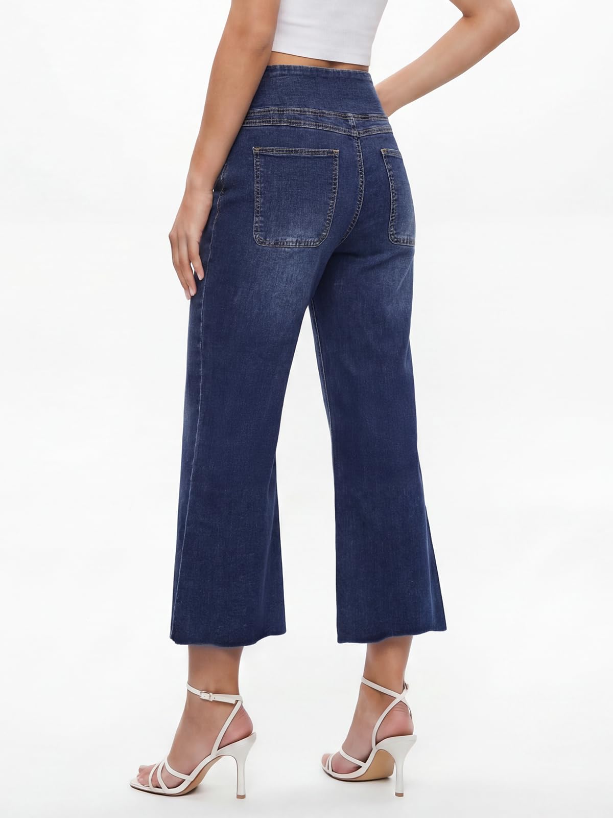 Vaqueros Mujer, Crop Pantalones Jeans Mujer Elásticos Acampanado y Cintura Alta Tejanos Holgados de Pierna Ancha