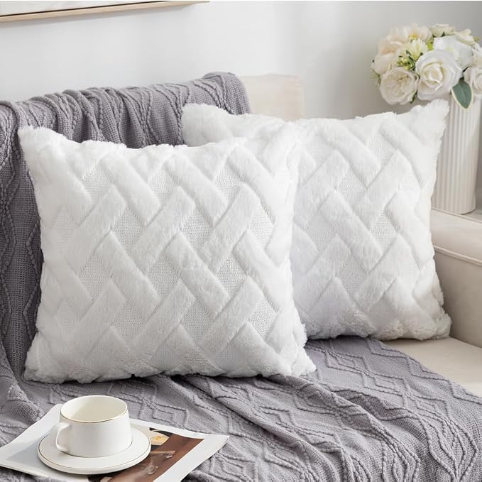 ETASOP Decorative Throw Pillows with Inserts Included 18x18 Inch, Soft Plush Faux Wool Couch Pillow Covers for Home Set of 2 Farmhouse Boho Throw Pillows for Sofa Living Room Bed (White)
