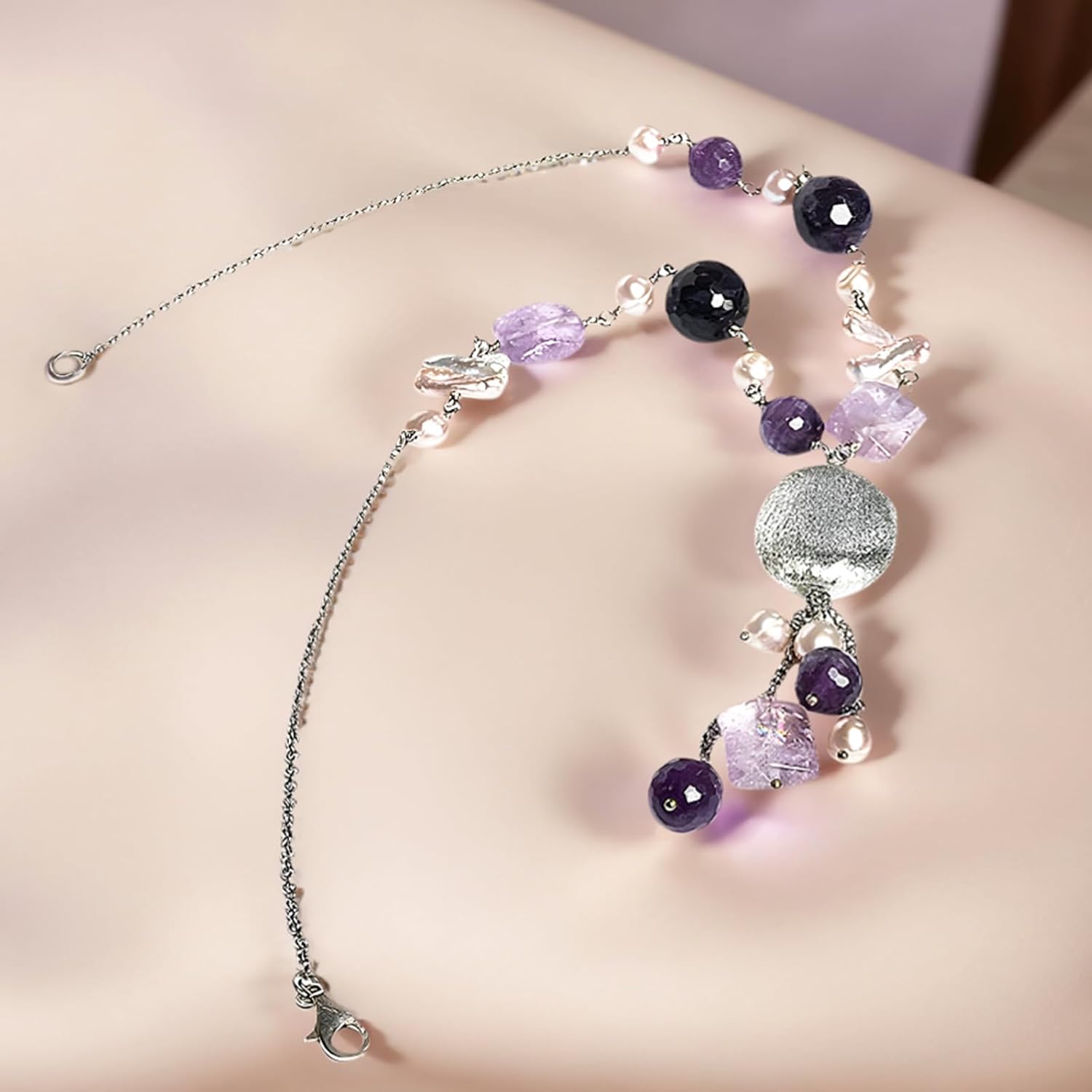 Handmade Freshwater Pearl Necklace with 6-7mm Pink Round Pearls - 20" Vintage Beaded Charms Baroque Pearl with Amethyst, 1-Strand, Silver Clasp Luxury Jewelry Gift