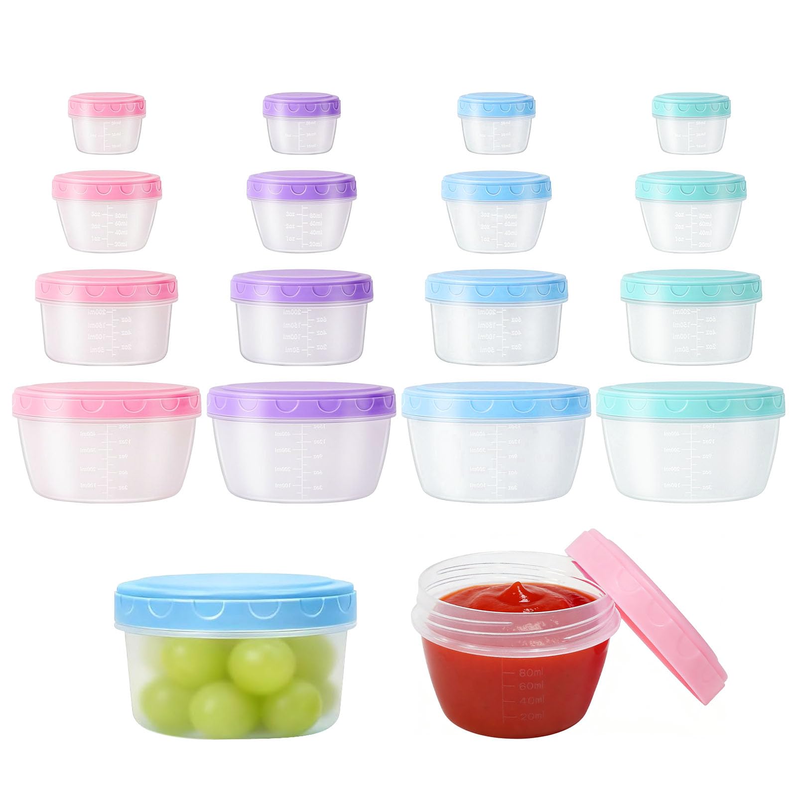 Ybccby Purple, Green, Blue, Pink 16 Pcs Small Food Containers With Lids, 80Ml 120Ml 300Ml 600Ml Round Plastic Food Container Colorful Snack Pots Stackable Food Storage Jars