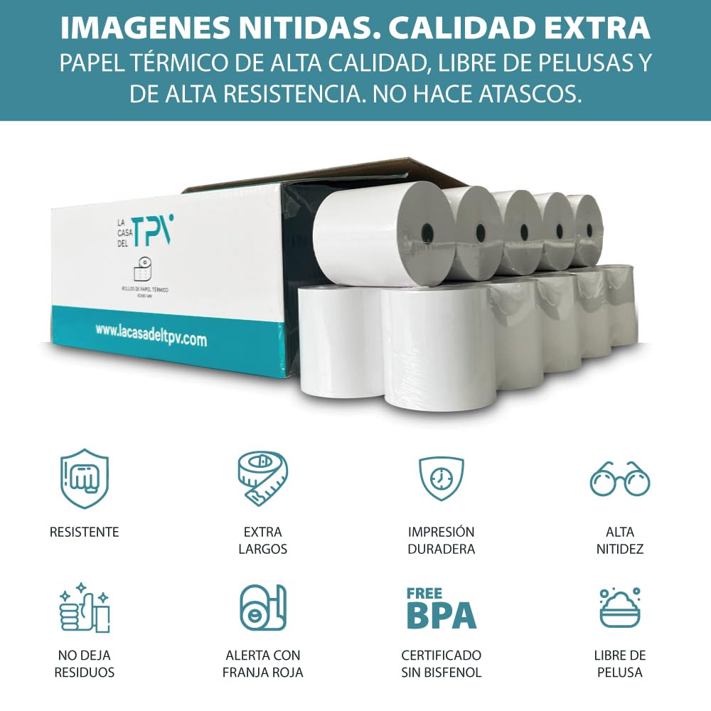 Papel Térmico - Caja de 80 Rollos de Papel para Impresora Térmica - 57 x 55 mm - No Requieren Tinta - Compatibles con Todas las Impresoras Térmicas - No Contienen Bisfenol-A - La Casa del TPV