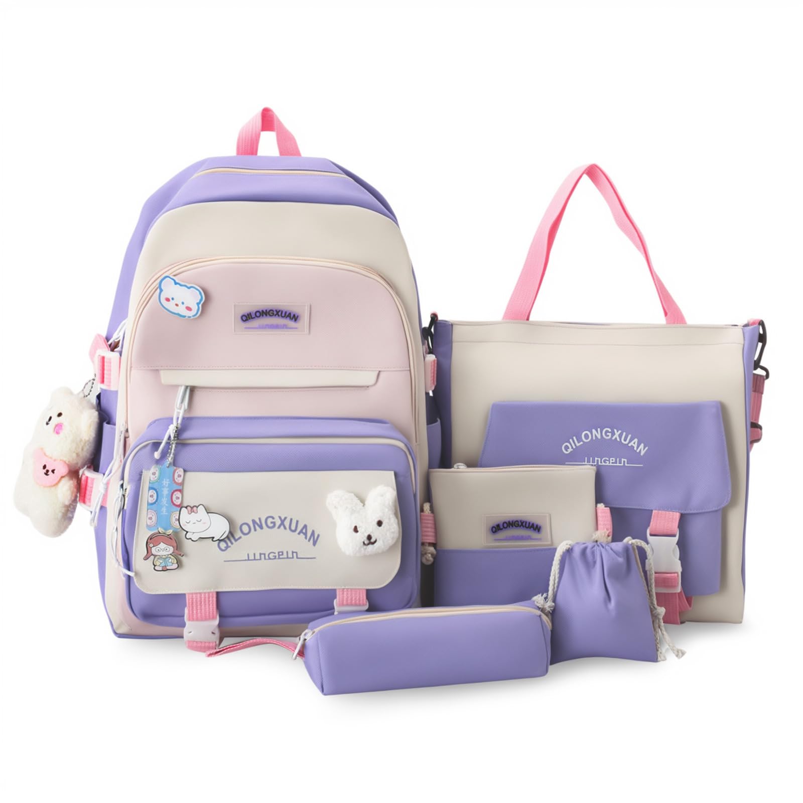 IvyH Mochilas Escolares 5 Piezas para Niñas de 8 a 16 años, Set de Mochila Colegio Adolescentes con Bolsa de Compras y Estuche para Lápices, Mochila de Viaje 45 cm, Morado