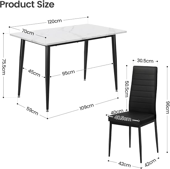 Dining Table and Chairs Set 4, 120cm Marble Effect Table with PU Chairs