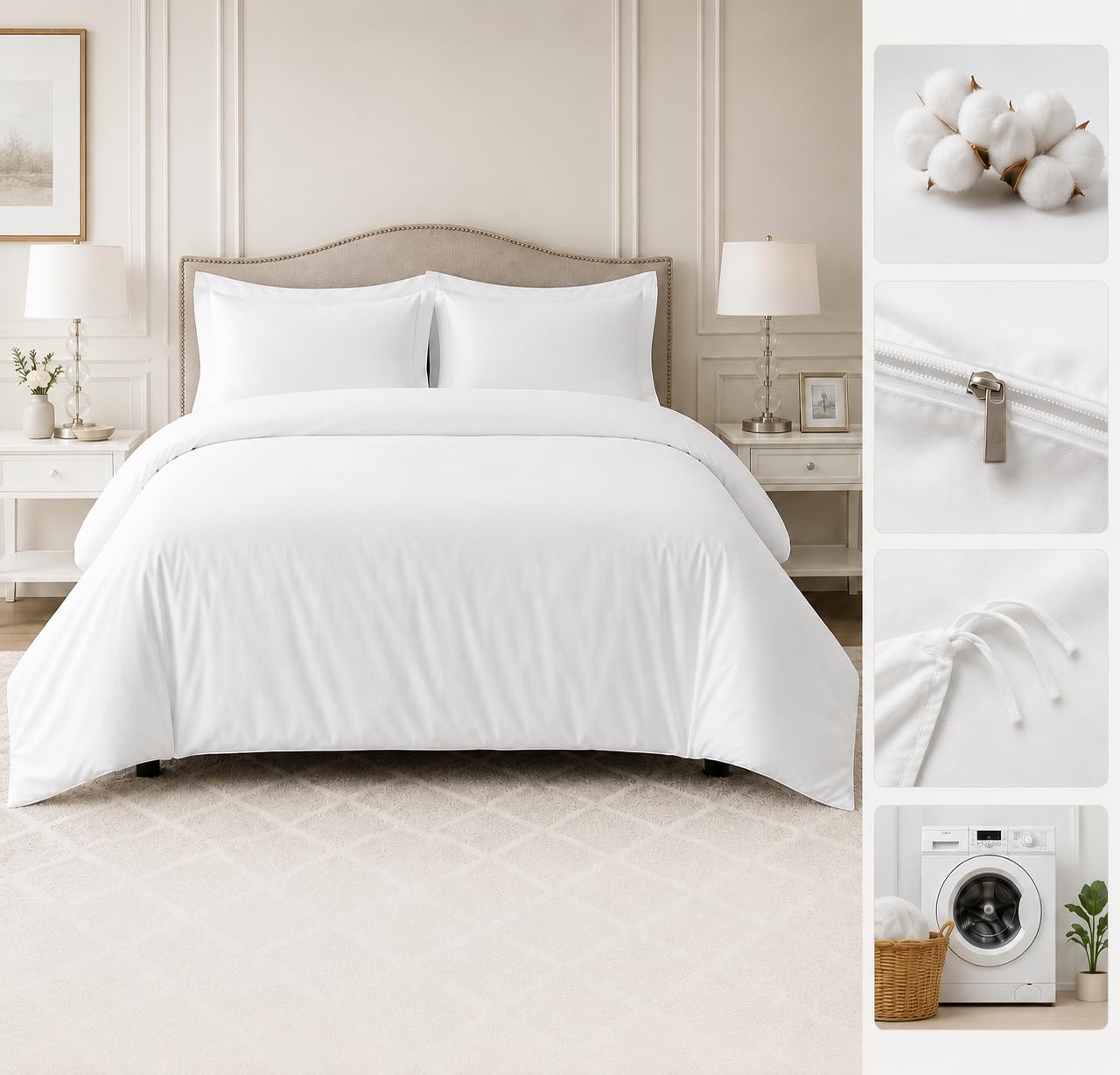Duvet Cover 100% Egyptian Cotton 1000 TC Duvet Cover with 2 Pillowcovers Queen Solid Soft Durable Breathable Blanket/Rajai/Kambal/Quilt Case (90"x95")-White-image-36