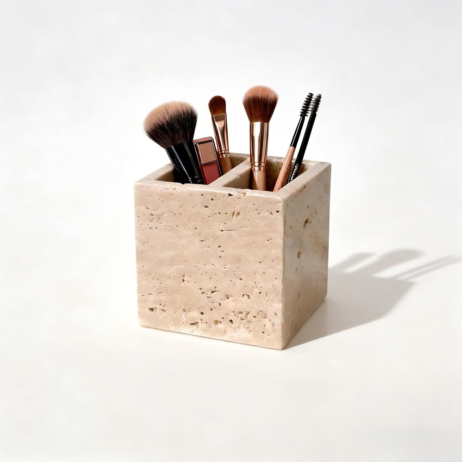 Natural Travertine Stone Desktop Organizer, 2 Compartment Pen Holder for Makeup Brushes, Pens, Scissors and Office Desk Decor, 3.94 x 3.94 x 3.94 in