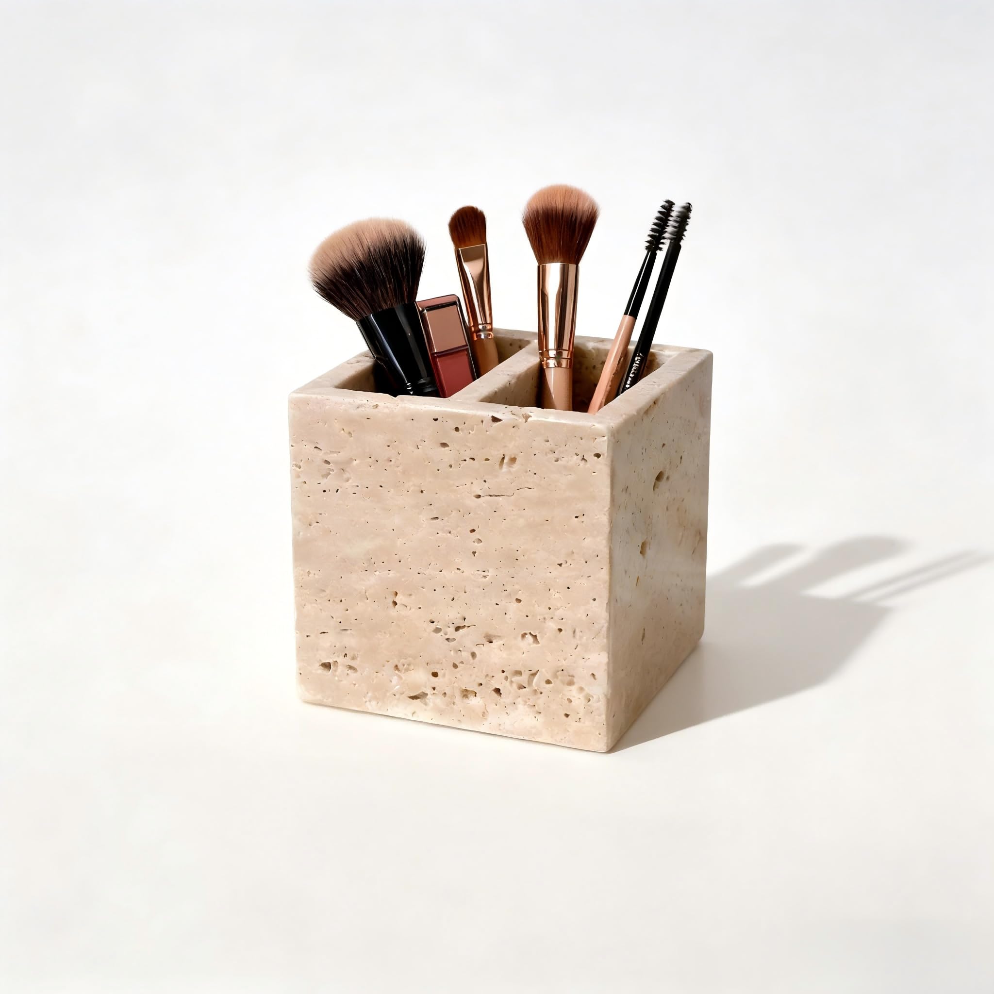 Natural Travertine Pen Holder, 2-Compartment Desk & Makeup Brush Organizer