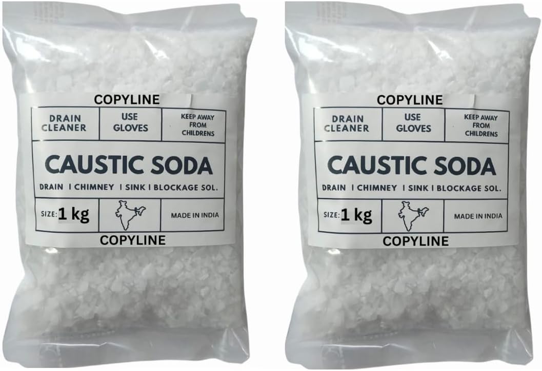 COPYLINE Caustic Soda Flakes 2KG | Caustic Soda for Soap Making, Drain Cleaning, Chimney Cleaning– Fast-Acting Formula to Clear Blockages Instantly Multipurpose Cleaning (1KG + 1KG)
