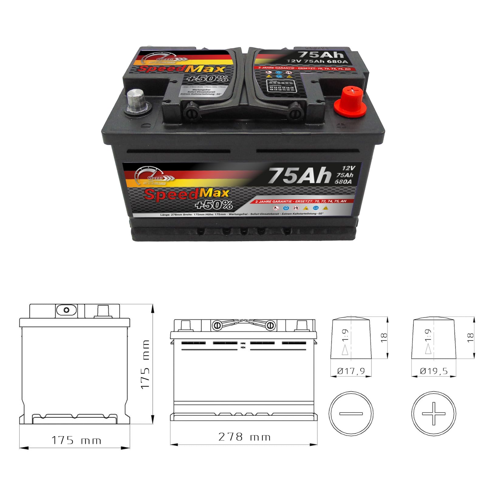 Autobatterie 75Ah Speed Max 680A 12V PKW starterbatterie