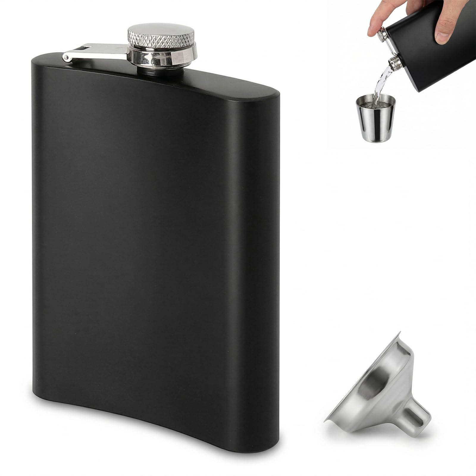 Piersiówka ze stali nierdzewnej, czarna, matowa z lejkiem – piersiówka zabezpieczona przed wyciekiem, hip Flask, mały format kieszonkowy, piersiówka do whisky, rumu, wódki, prezent dla