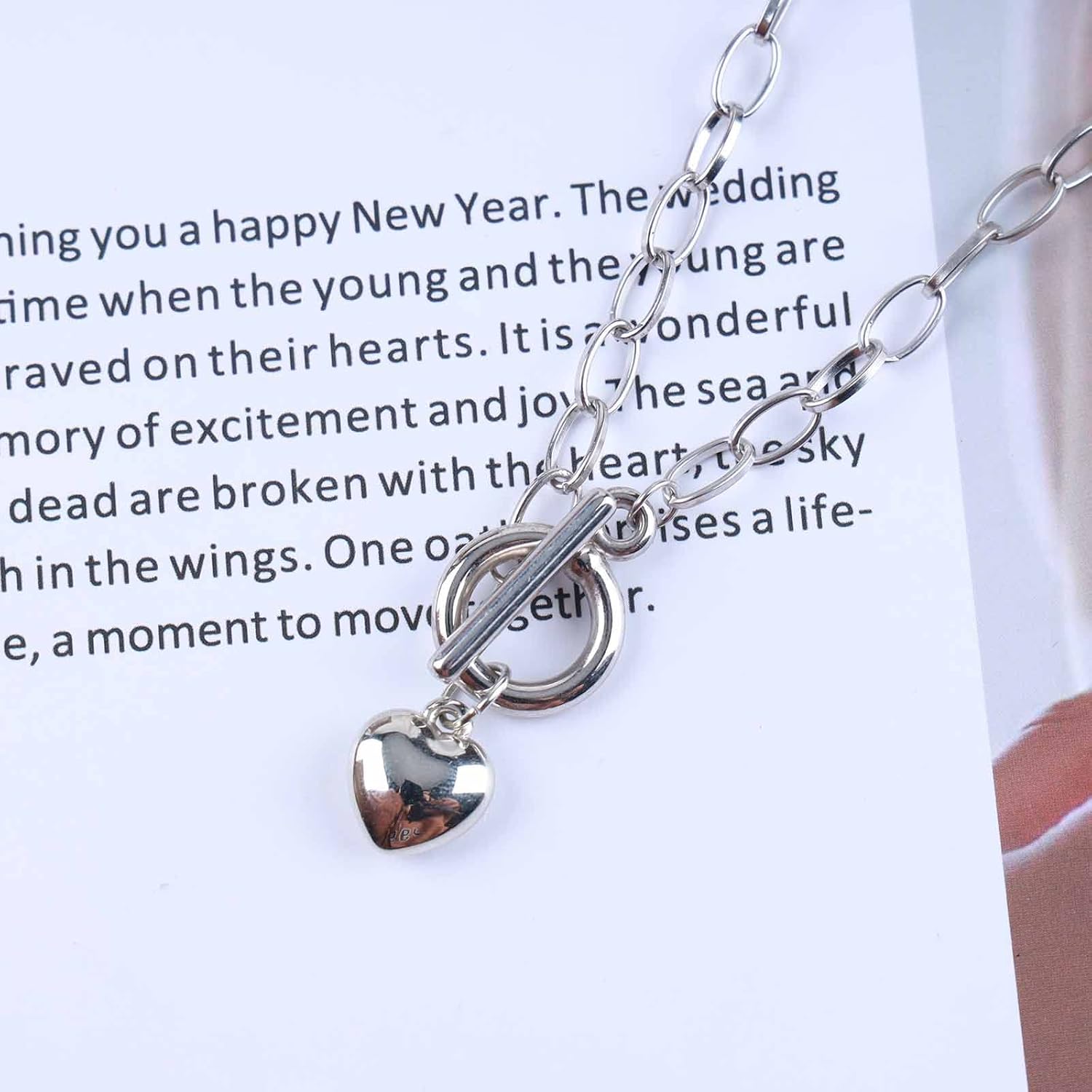 Vintage Love Heart Choker Necklace Silver Paper Clip Necklace Puffy Heart Toggle Necklace Open Circle T Bar Necklace Jewelry for Women - Image 4