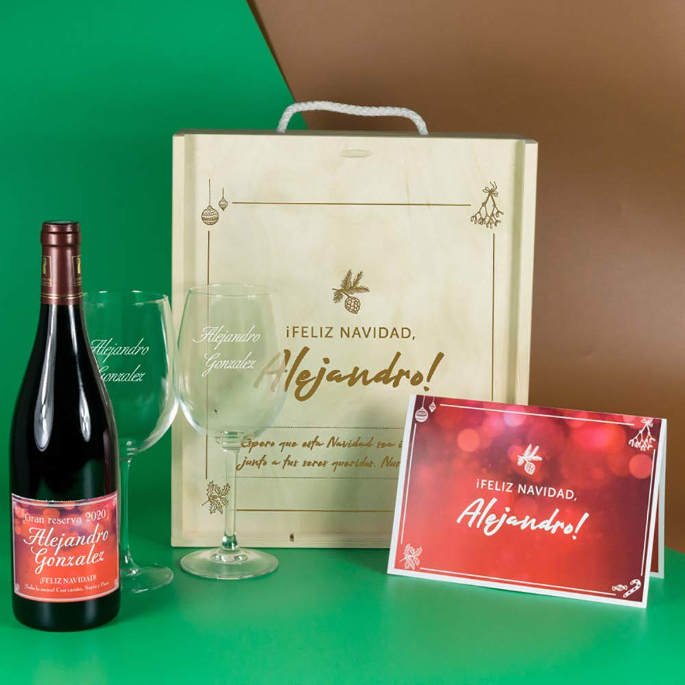 Regalo personalizado para hombres: kit personalizado deluxe con botella de vino, copas de vino y tarjeta de felicitación navideña en caja de madera