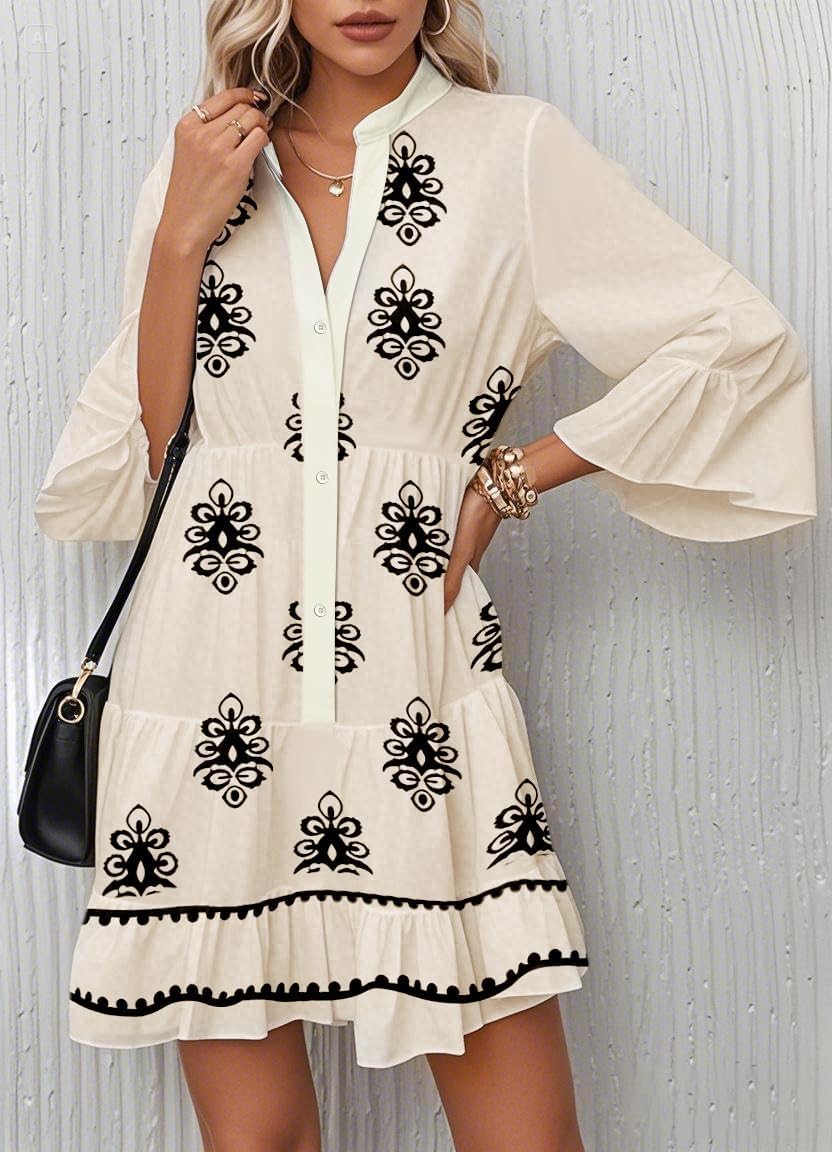 Summer Dresses for Women 2026 Flowy Ruffle 3/4 Sleeve V Neck Tiered Casual Babydoll Boho Beach Mini Dress - Image 3