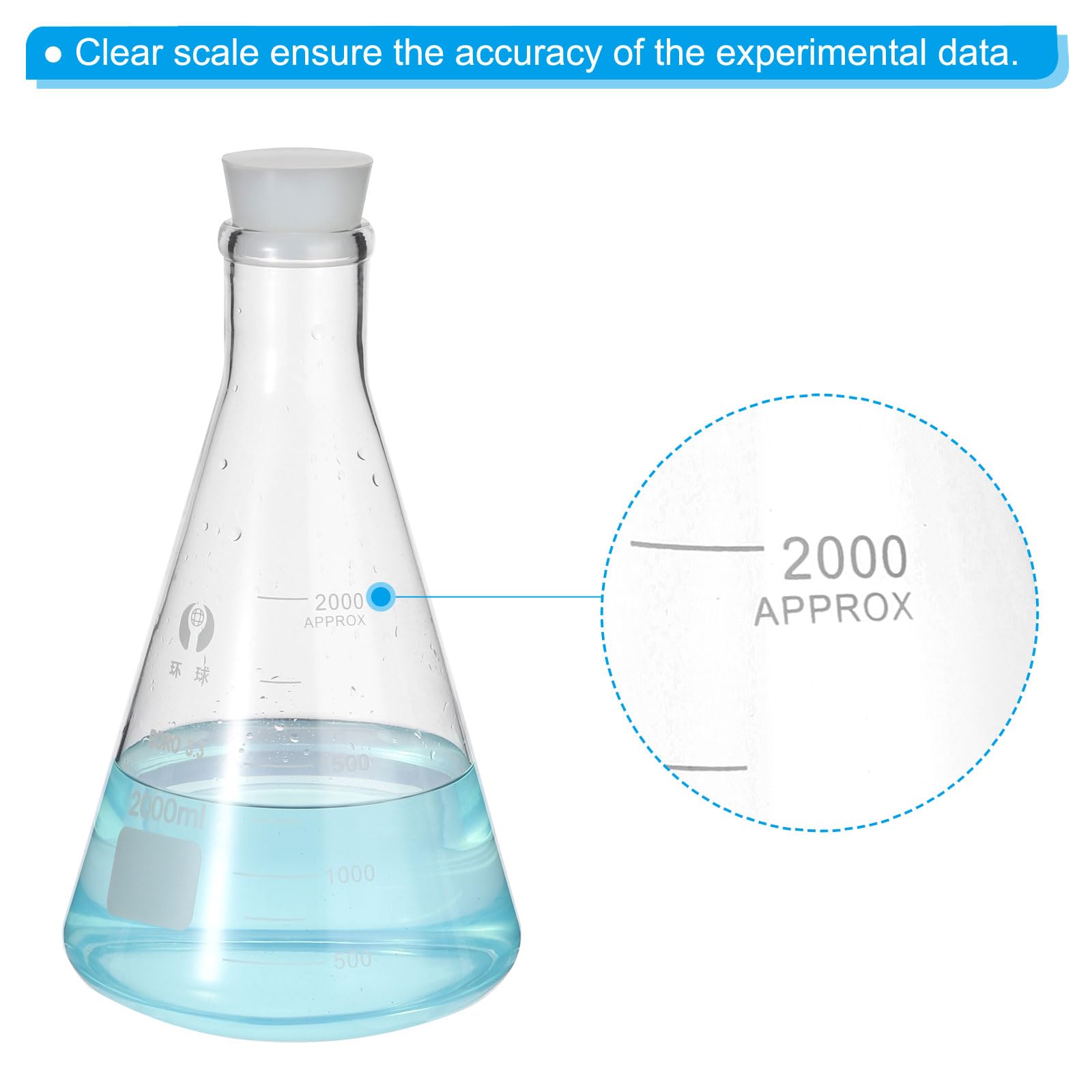 PATIKIL Kolba Erlenmeyera, 2000 ml, 67,6 uncji z wąską szyjką, z silikonowym korkiem, szklane kolby borokrzemowe z nadrukiem podziałki do eksperymentu laboratoryjnego naukowego