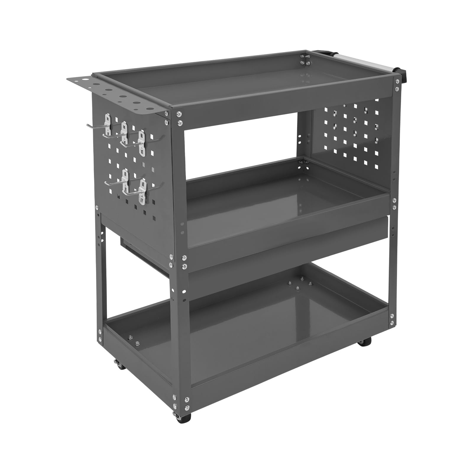Carrello porta attrezzi con 3 livelli, portata 250 kg, carrello da officina (grigio) | Carrello portautensili a 2 ruote con freno di stazionamento, banco da lavoro con cassetti, carrello multifunzione