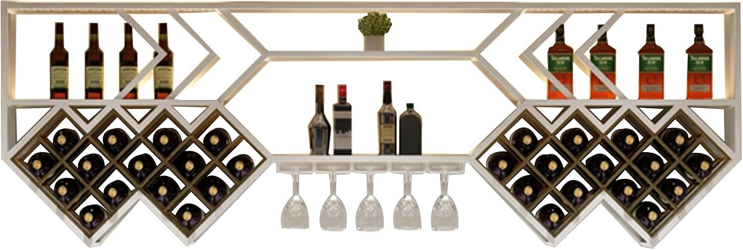 Wall Wine Rack Bar Shelves Liquor Bottle Shelf Wall Mounted with LED Light Racks for Wine Bottles with Hanging Wine Glass Holder Rack Floating Bar Cabinet Display Shelf for Home Bar Dining Room(Black,