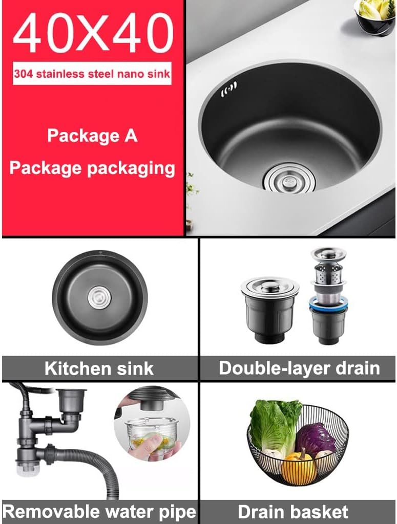 304 Stainless Steel RV Sink Single Bowl Kitchen Bar Sink Wet Bar & Prep Sink With Drain Assembly (Black 40x40x18cm) (Black 40x40x18cm)