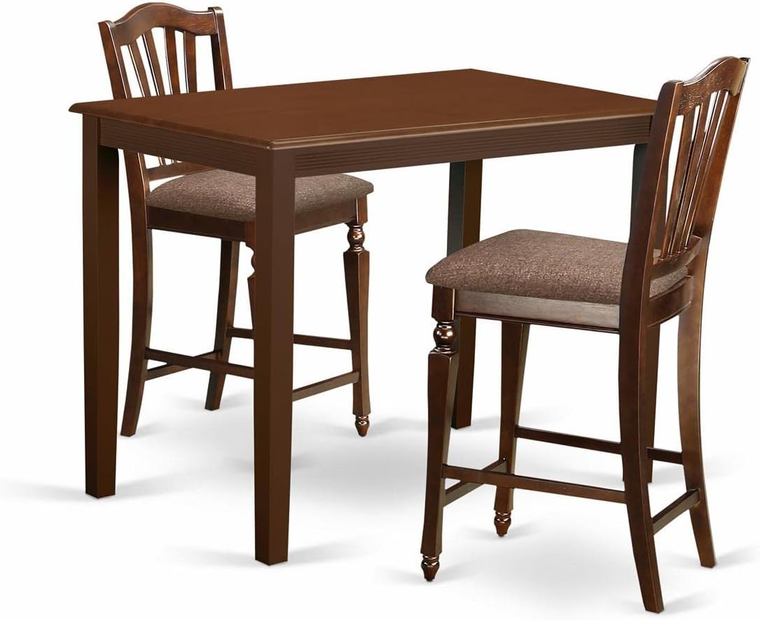 East West Furniture YACH3-MAH-C 3 Piece Kitchen Counter Set for Small Spaces Contains a Rectangle Dining Room Table and 2 Linen Fabric Upholstered Dining Chairs, 30x48 Inch, Mahogany