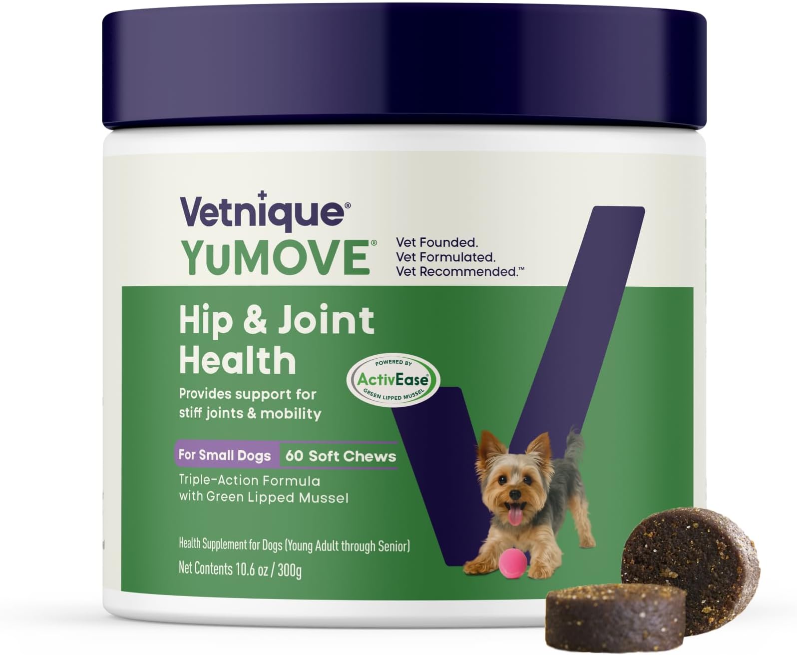 YuMOVE Hip & Joint Supplement for Dogs - with Glucosamine Chondroiton, Green Lipped Mussel, Hyaluronic Acid, and Omega 3 Joint Supplement for Stiffness and Mobility - 60 Chews (Small/Medium Dogs)