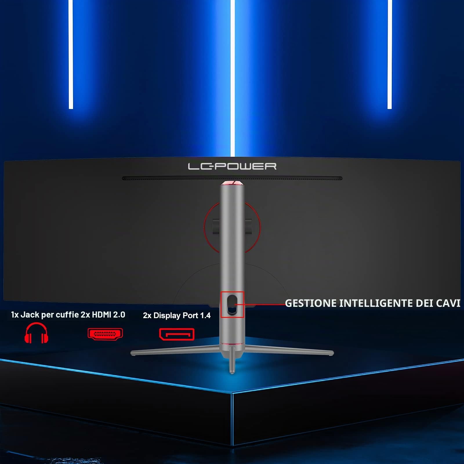 LC-Power Gaming Monitor 49", Curvo(1800R), Ultra Wide PC Monitor, 5120x1440, 32:9, VA, 120Hz, Adaptive Sync, HDMI 2.0, DP 1.4, Flicker Safe, GamePlus, PbP, Supporto Regolabile in Altezza, Nero