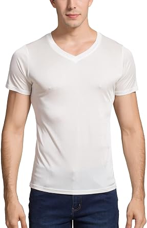 Grenasasilk Mens Silk T-Shirts Short Sleeve Mulberry-Silk Tee Tops Breathable & Moisture V-Neck Undershirt