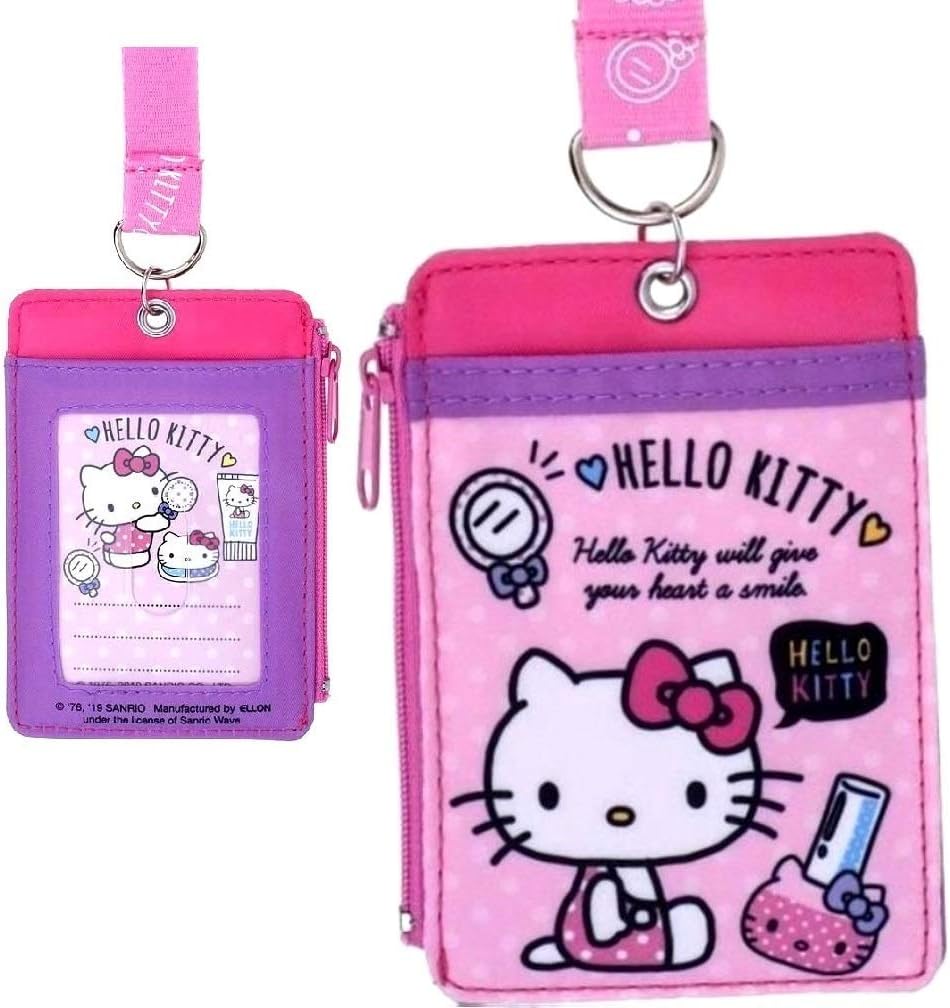 Kawaii Kitty Cat 2-Sided Cash Badge ID Credit Card Case Holder Wallet Lanyard w/ID Window, Front Slot & Zipper Pocket