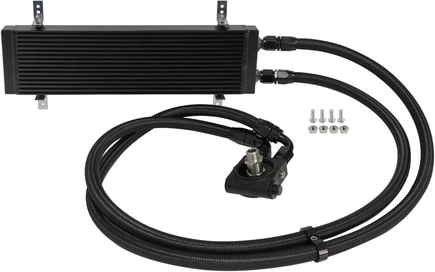 Large Dual Pass Bar & Plate Oil Cooler Thermostatic Filter Adapter Hose Kit Aluminum Black