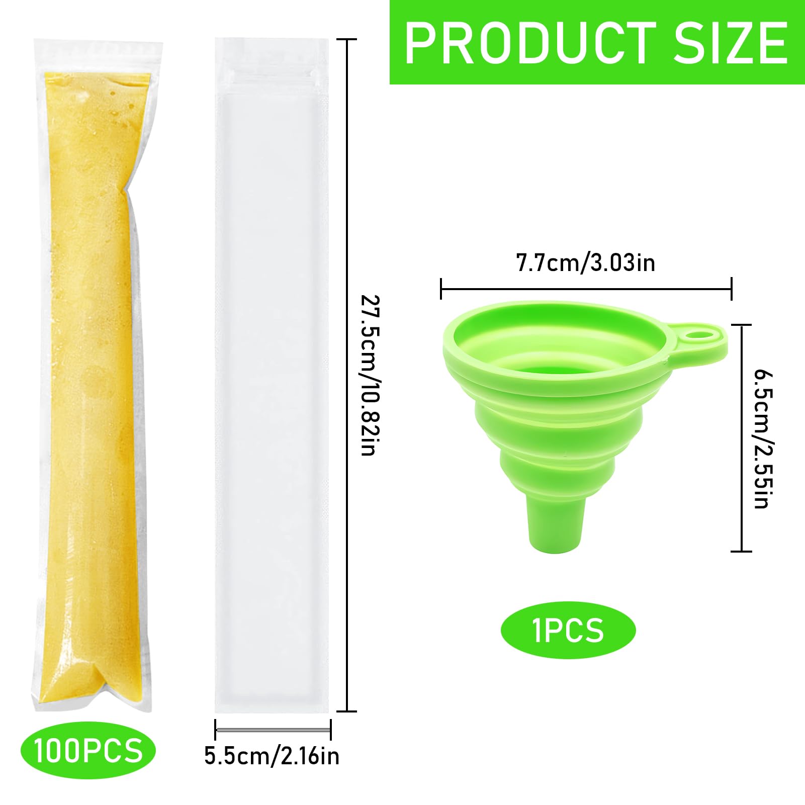 100 Piezas Bolsas para Helados, Moldes para Helados, Bolsas para Moldes de Helado, Bolsas de Popsicle, Bolsas Paleta Hielo con Embudo, Popsicle Bolsas para Yogur, Jugo, Cubitos (100PCS)
