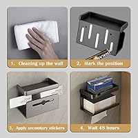 Vista 4 de OLizee® Soporte de papel higiénico de montaje en pared sin taladros con estante Soporte de pared para papel higiénico, dispensador de rollo de papel