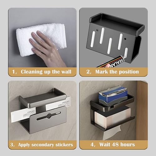 Miniatura 4 de OLizee Soporte de papel higiénico de montaje en pared sin taladros con estante Soporte de pared para papel higiénico, dispensador de rollo de papel