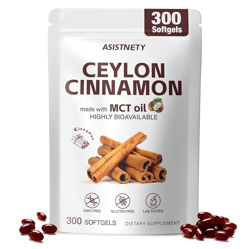 ASISTNETY Suplemento de Canela-do-Ceilão com Berberina HCl, Gengibre e Extrato de Pimenta-Preta, 600 mg, 300 cápsulas gelatinosas