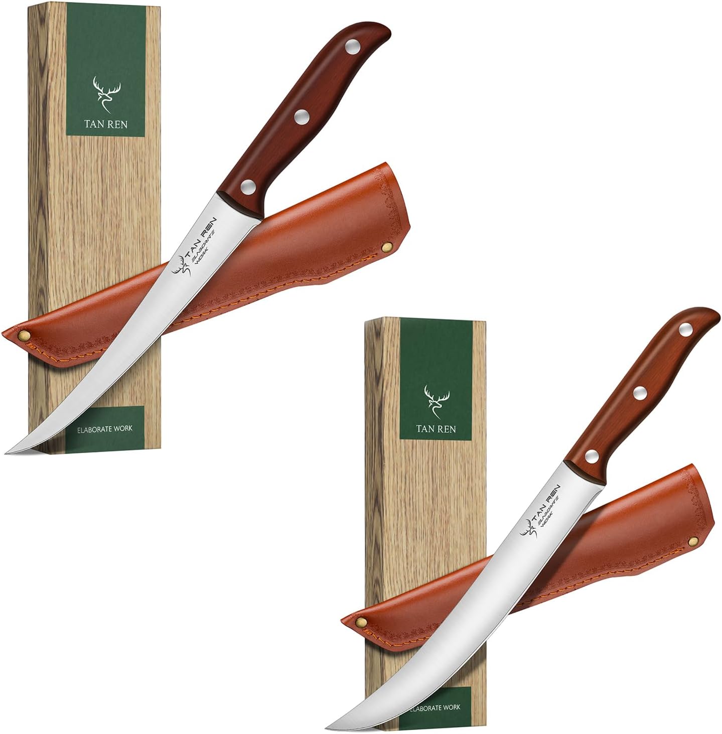 TAN REN Boning Knife 7 Inch with Brisket Carving Knife 8 Inch (2 Pack), Stainless Steel Boning Knife for Meat Cutting with Sheath, Slicing Carving Knife for Meat