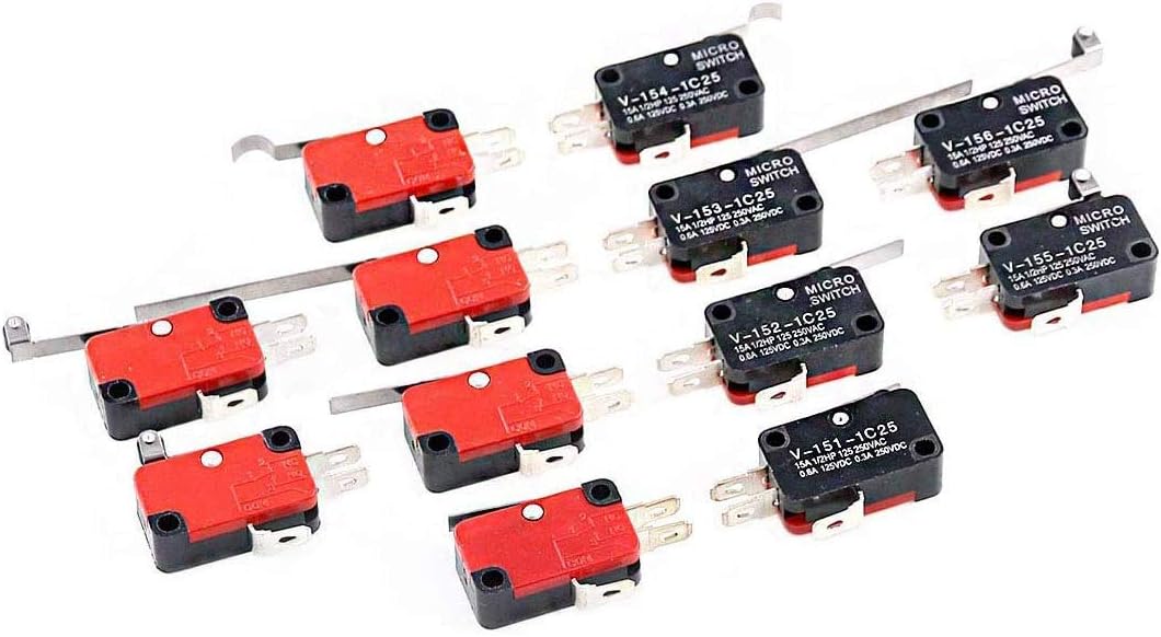 RUNCCI-YUN 12Pcs Micro Limit Switch, Micro Switch, SPDT, Momentary, roller, Lmit Switch Long Arm, Lever Micro Switch, for Arduino DIY(V-151-1C25 To V-156-1C25)