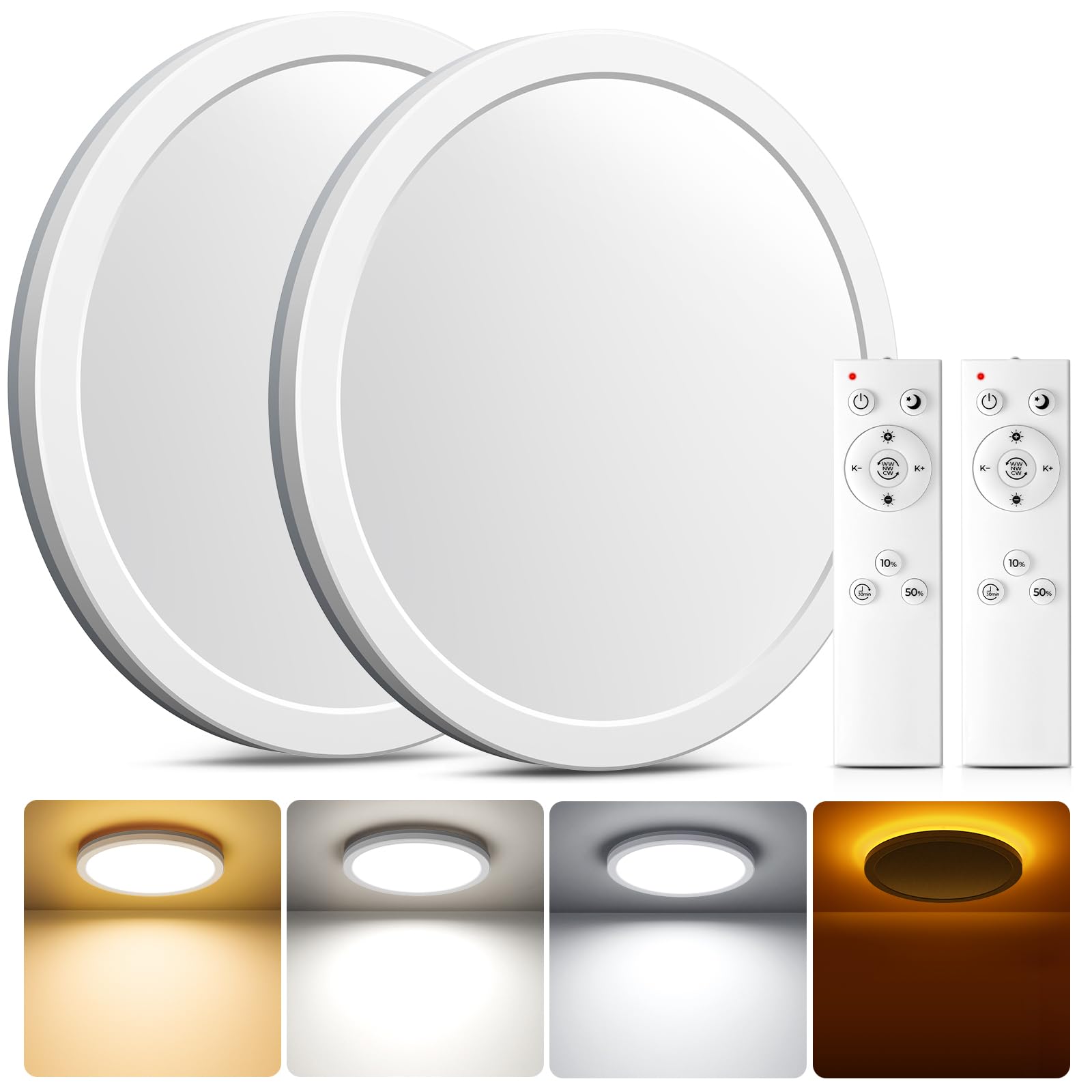 Matane -2 Stücke- LED Deckenleuchte Dimmbar mit Fernbedienung, 18W Ø22cm Deckenlampe mit 5W Nachtlicht Warm Lampen, 3000K-6500K Dimmbar Flach Panel für Schlafzimmer Kinderzimmer Flur Rund Weiß