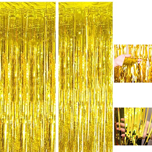 Cortinas de oropel metálico dorado, 2 piezas de cortinas de flecos de papel de aluminio, decoración de cortinas de borlas de brillo de oropel, cortinas de flecos de fondo （1x2.5m ）